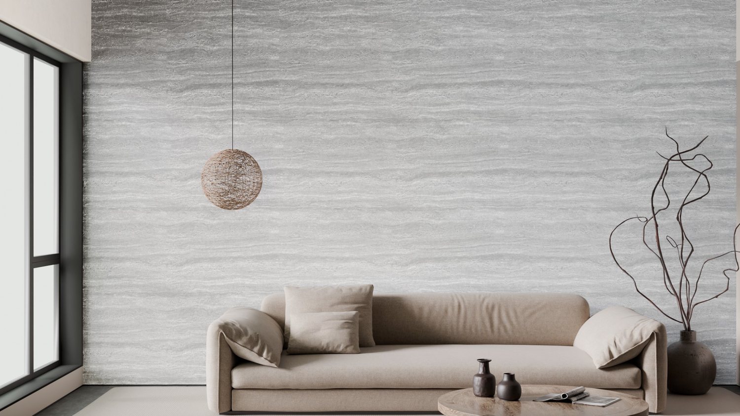 Parede de pladur revestida com pedra flexível numa sala