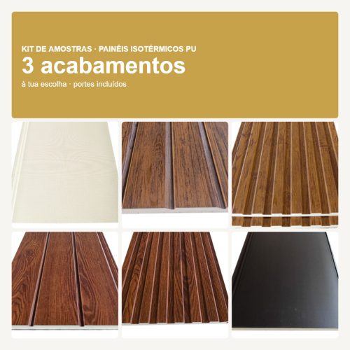 Mosaico com os 6 acabamentos de painéis isotérmicos PU disponíveis no kit de amostras Korevo