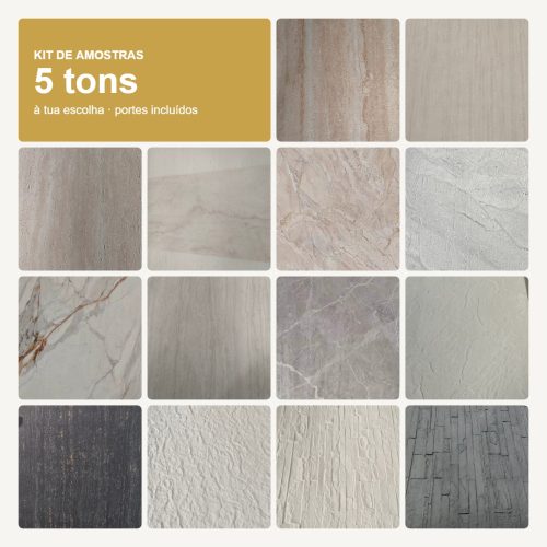 Mosaico com os 14 tons de pedra flexível disponíveis no kit de amostras Korevo