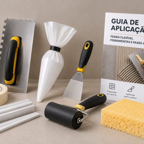As sete ferramentas do Kit de Ferramentas Korevo para pedra flexível: talocha dentada, fita de máscara, saco de betumar, espátula de metal, tiras de junta, rolo de borracha e esponja