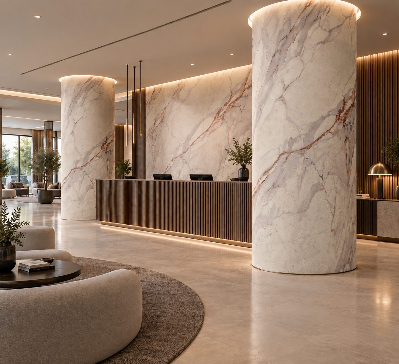 Hotel reception with back wall and round columns clad in Ivory Calacatta flexible stone