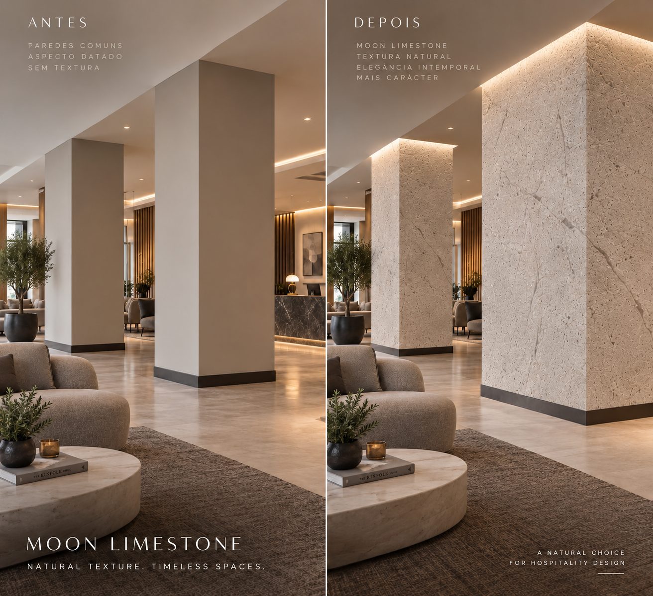 Before and after of a hotel public area with columns and wall clad in Moon Limestone flexible stone