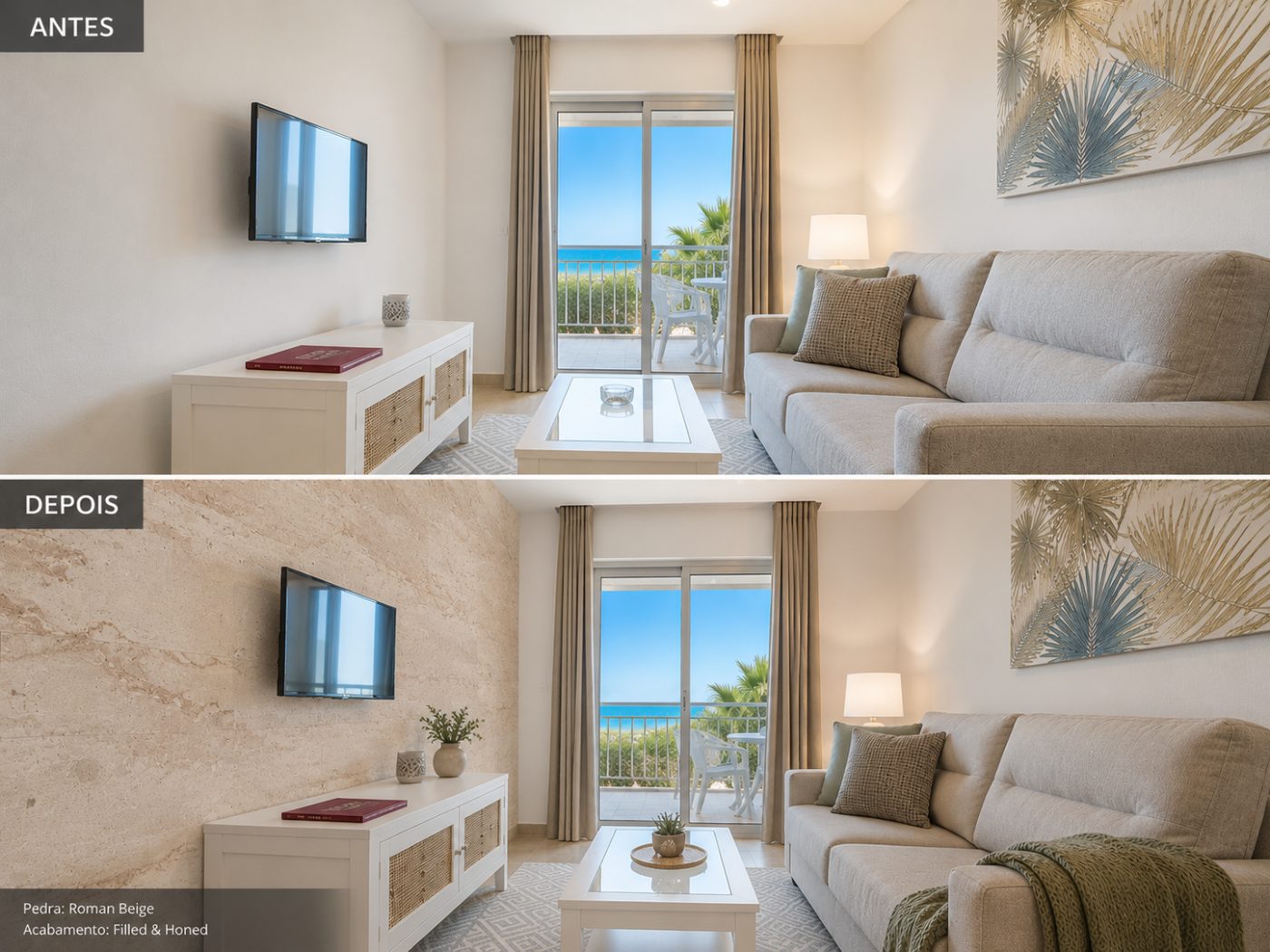 Before and after of a hotel apartment living room wall clad in Roman Beige flexible stone